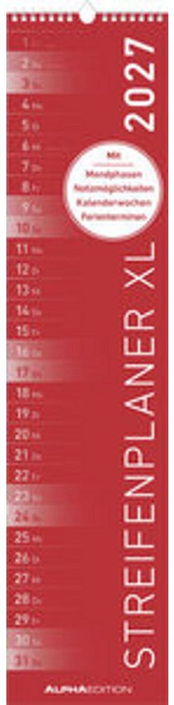 Alpha Edition Streifenplaner Wandkalender 2027, Rot, 15 x 64 cm, Deutsches Kalendarium