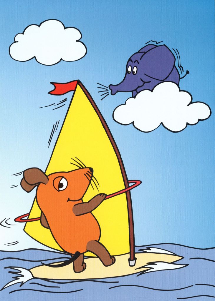 Postkarte "Sendung mit der Maus: Maus beim Windsurfen"