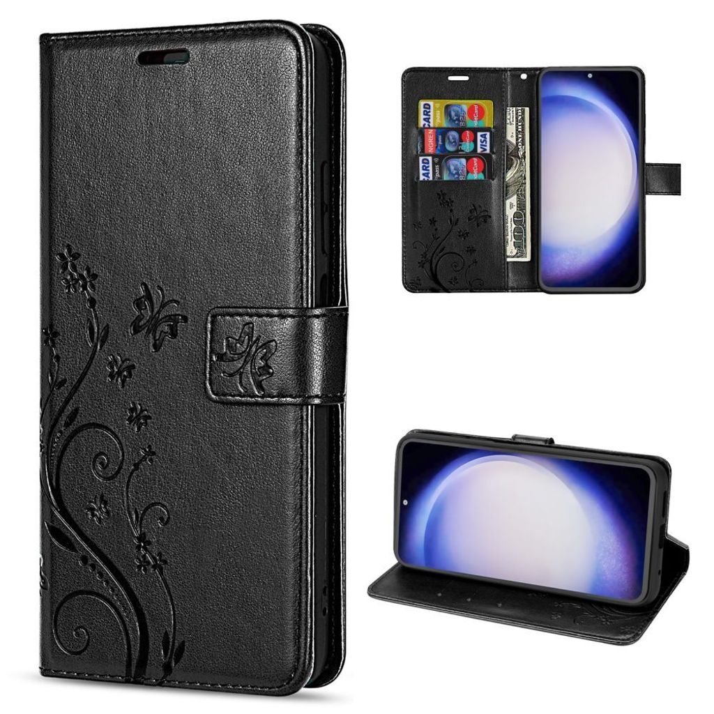 Hülle für Samsung Galaxy S23 FE Handy Tasche Case Schale Flip Cover Handyhülle Blume Schwarz