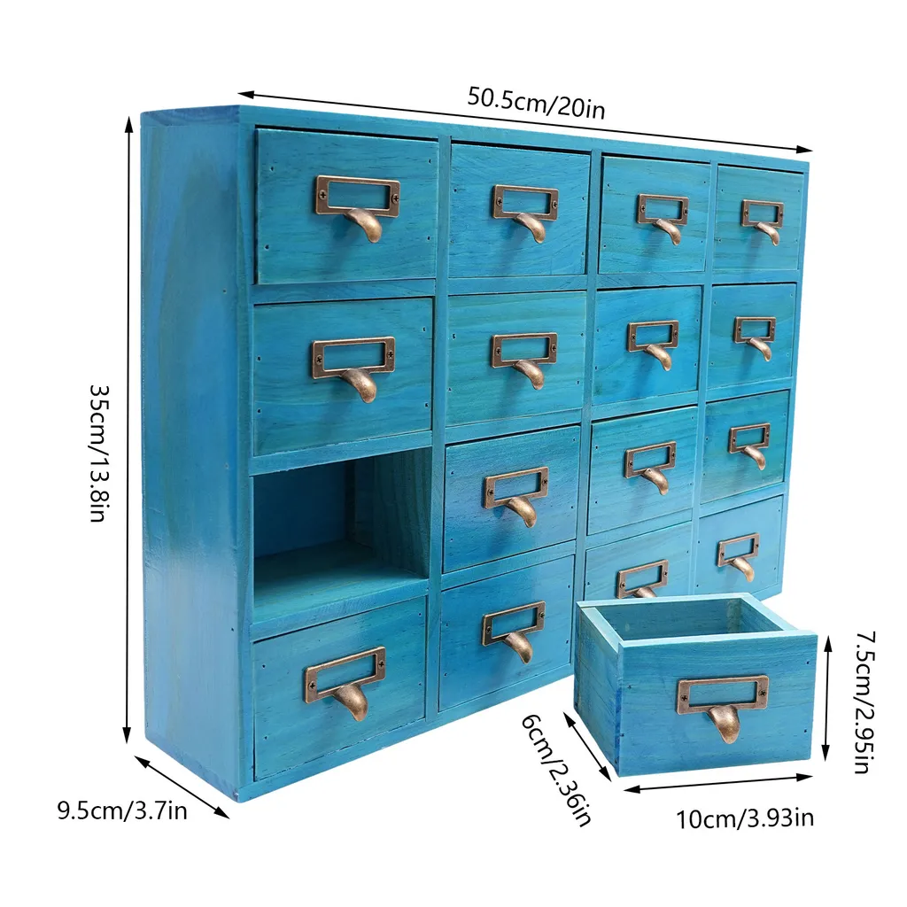 Boîte de rangement bois bleu 16 tiroirs multi-usage format compact - 2