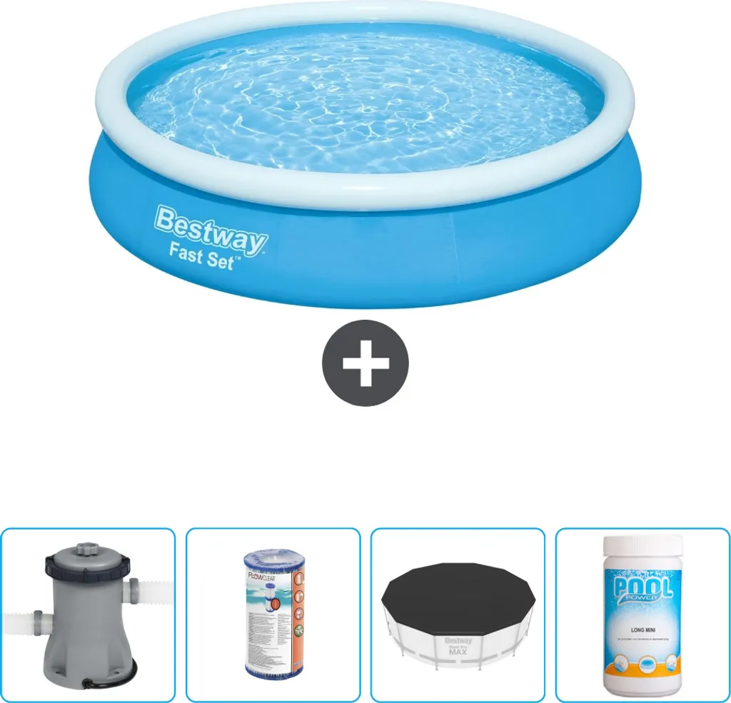 Bestway piscina gonfiabile rotonda ad ambientazione rapida - 366 x 76 cm - blu - inclusa pompa - filtro - copertura - cloro