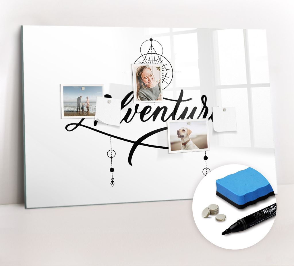Magnetpinnwand Memoboard - Zubehörsatz - Schwarzer Marker + Schwamm + Magnete - 90 x 60 cm - Abenteuer