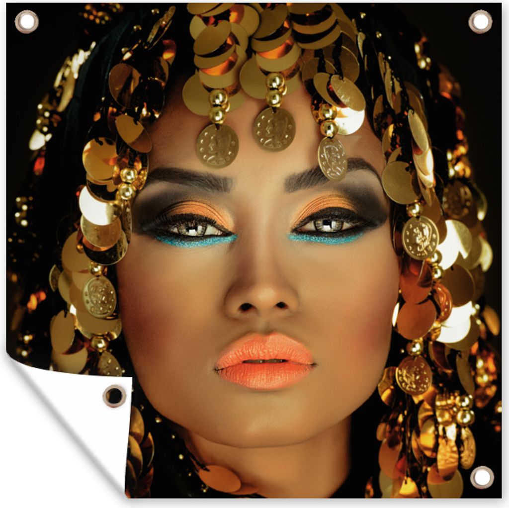 MuchoWow 50x50 cm Outdoor-Poster Gartendeko Sichtschutz Garten Poster für den Garten Frau - Kleopatra - Gold - Schmuck - Make-up - Luxus