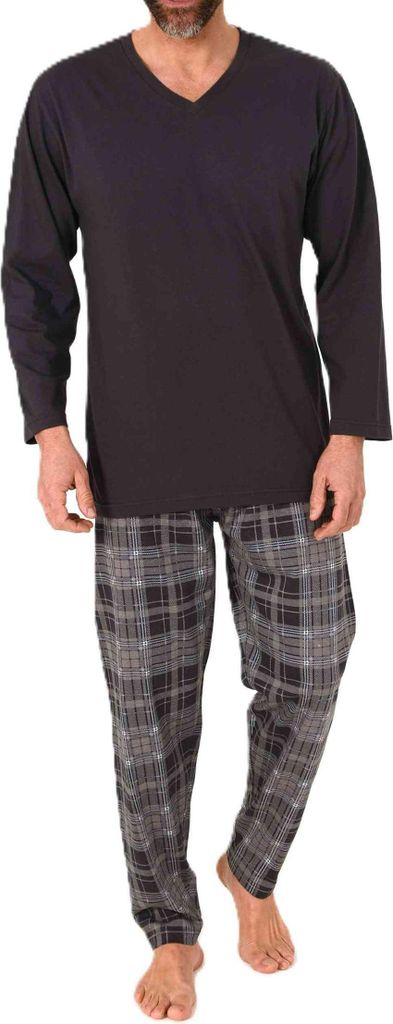 Normann Herren Schlafanzug langarm mit Jersey Pyjama Hose in karierter Optik ; anthrazit , 50