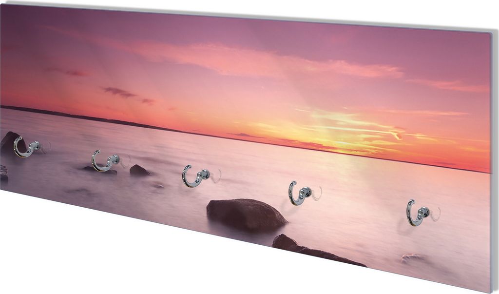 Wallario Flurgarderobe Wandgarderobe aus Glas, mit 5 Haken, Größe 80 x 30 cm, Motiv Nebel am See bei Sonnenuntergang