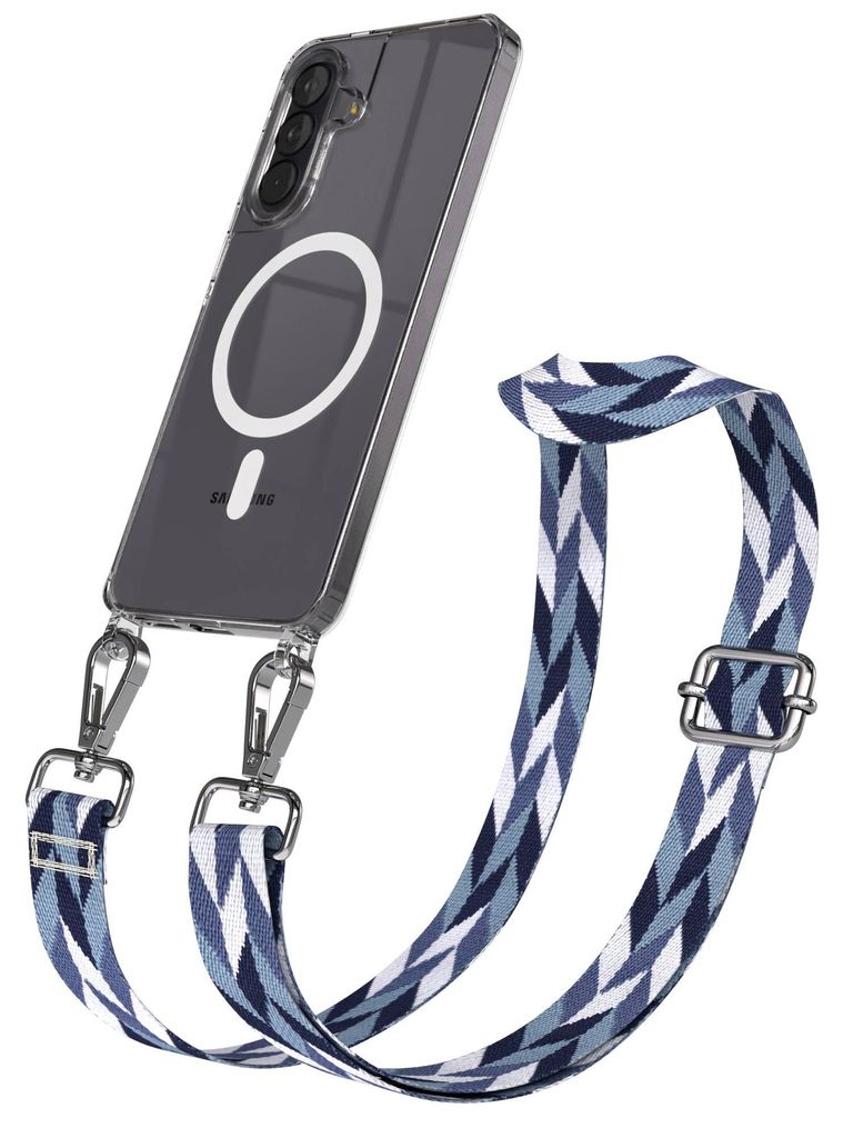 EAZY CASE - Handykette mit MagSafe Hülle für Samsung Galaxy A57, Handyband Mix Style, Karabiner Silber, Umhängeband in Blau
