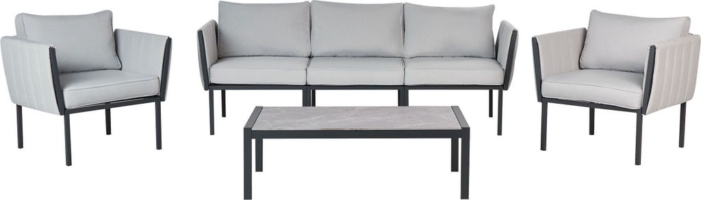 BELIANI Lounge Set Schwarz Stahl 4-Teilig 5-Sitzer mit Kissen Hellgrau Modern Terrasse Outdoor Garten Set 3-Sitzer Sofa 2 Sessel u. Couchtisch