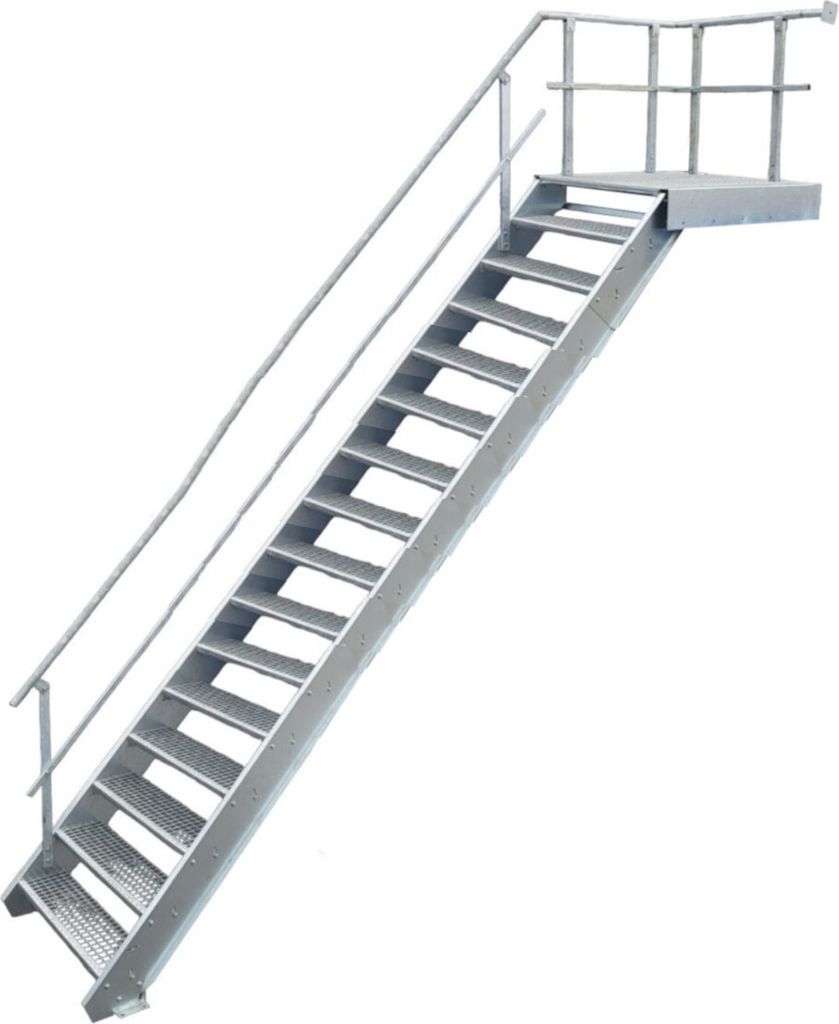A metal staircase with a railing, isolated on a white background.