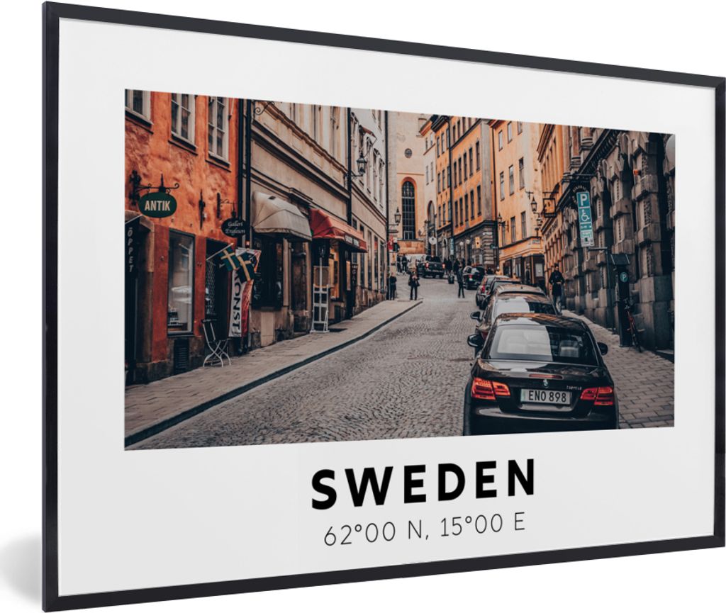 MuchoWow Gerahmtes Poster Schweden - Kirche - Auto - Skandinavien 30x20 cm - Poster mit Schwarzem Bilderrahmen Wandposter Rahmen Foto Bilder - Ku...