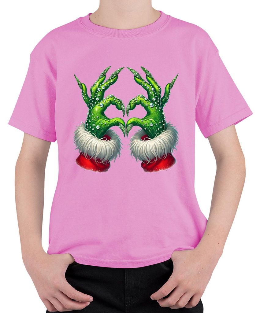 Grinch Hände Herz Weihnachten lustig Geschenk Glitzer Uni Kinder T-Shirt, Pink, 152