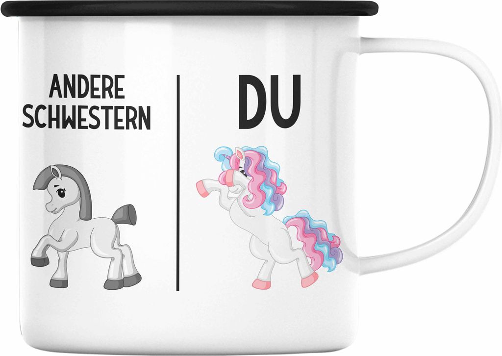 Trendation - Schwester Geschenk Geburtstag Emaille Tasse Geschenkideen Emaille Tassen mit Spruch für Beste Schwester (Schwarz)