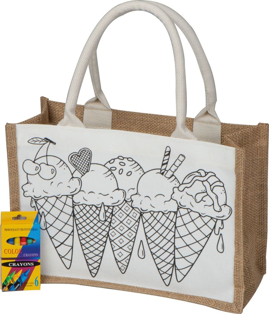 Jute Baumwolltasche zum Ausmalen / Einkaufstasche mit 6 Wachsmalkreiden