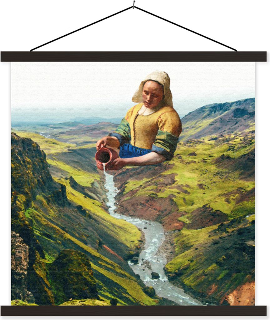 MuchoWow Textilposter Milchmädchen - Wasser - Vermeer 90x90 cm mit schwarzem Rahmen - Magnetisches