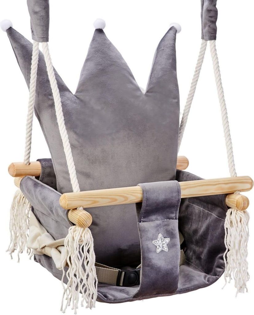 Love Gifts Babyschaukel aus Holz hochwertig und geeignet als Indoor Schaukel, montierbar an der Decke sowie im Türrahmen, Krone-Grau, EU