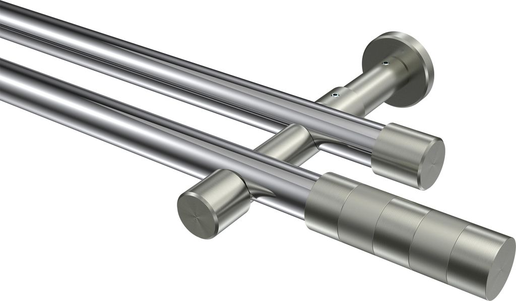Interdeco Gardinenstange / Vorhangstange Chrom / Edelstahl-Optik, Typ Prestige Mavell (Zylinder) ohne Ringe, 20 mm Ø 2-läufig, 200 cm