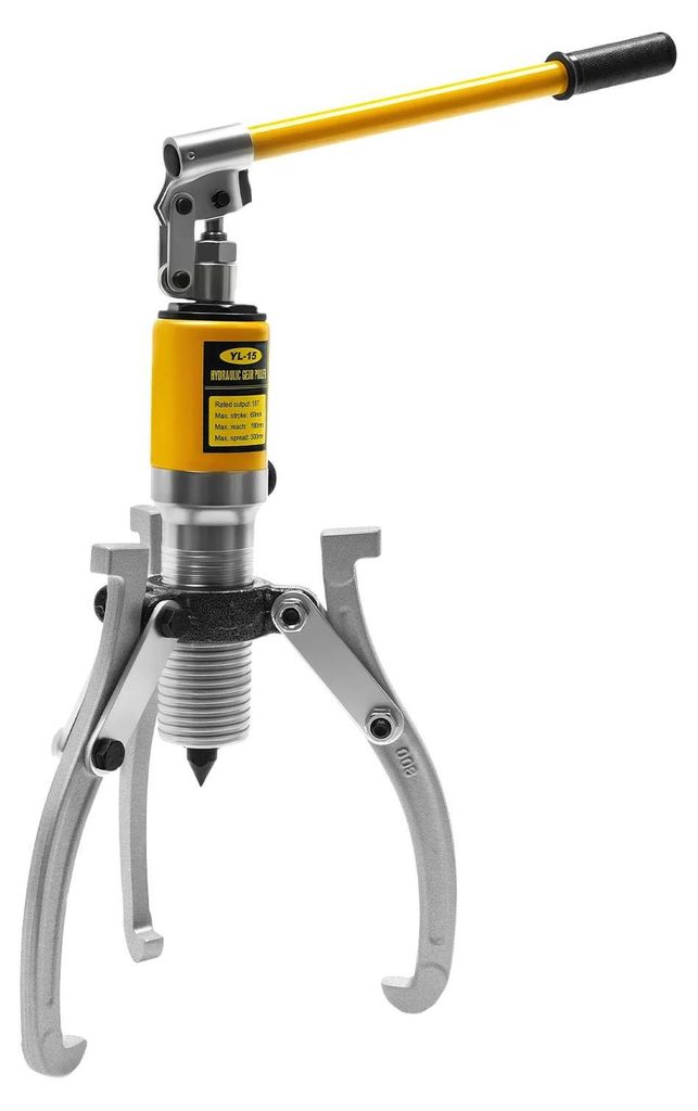 Hydraulischer Abzieher-Satz - YL-15 2/3-Arm - 15 t - Spannweite 300 mm - Reichweite 180 mm - Hub 60 mm - Für Lager & Riemenscheiben - Gelb