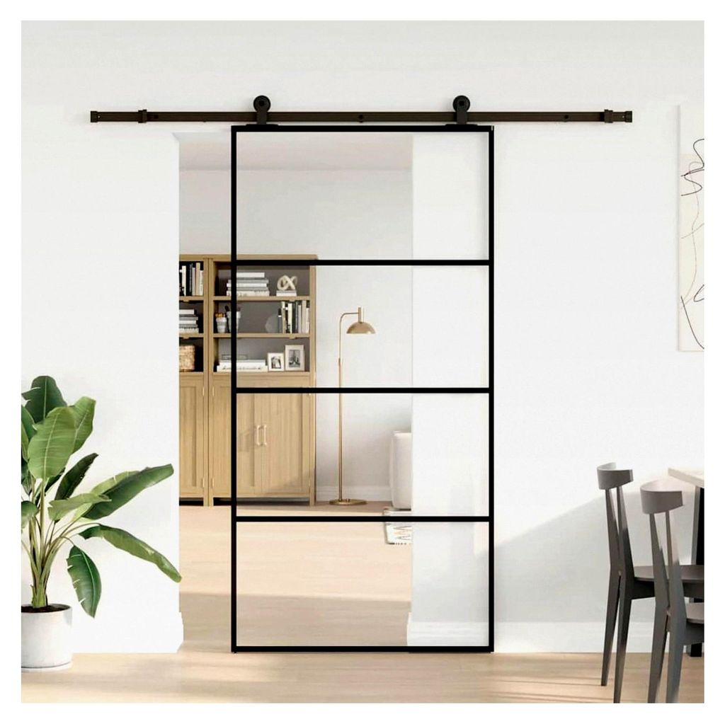 Schwarze ESG-Glas-Aluminium-Schiebetür 102,5x205cm | Stabiler Rahmen | 5mm Glas | 2cm Türstärke | Montageset
