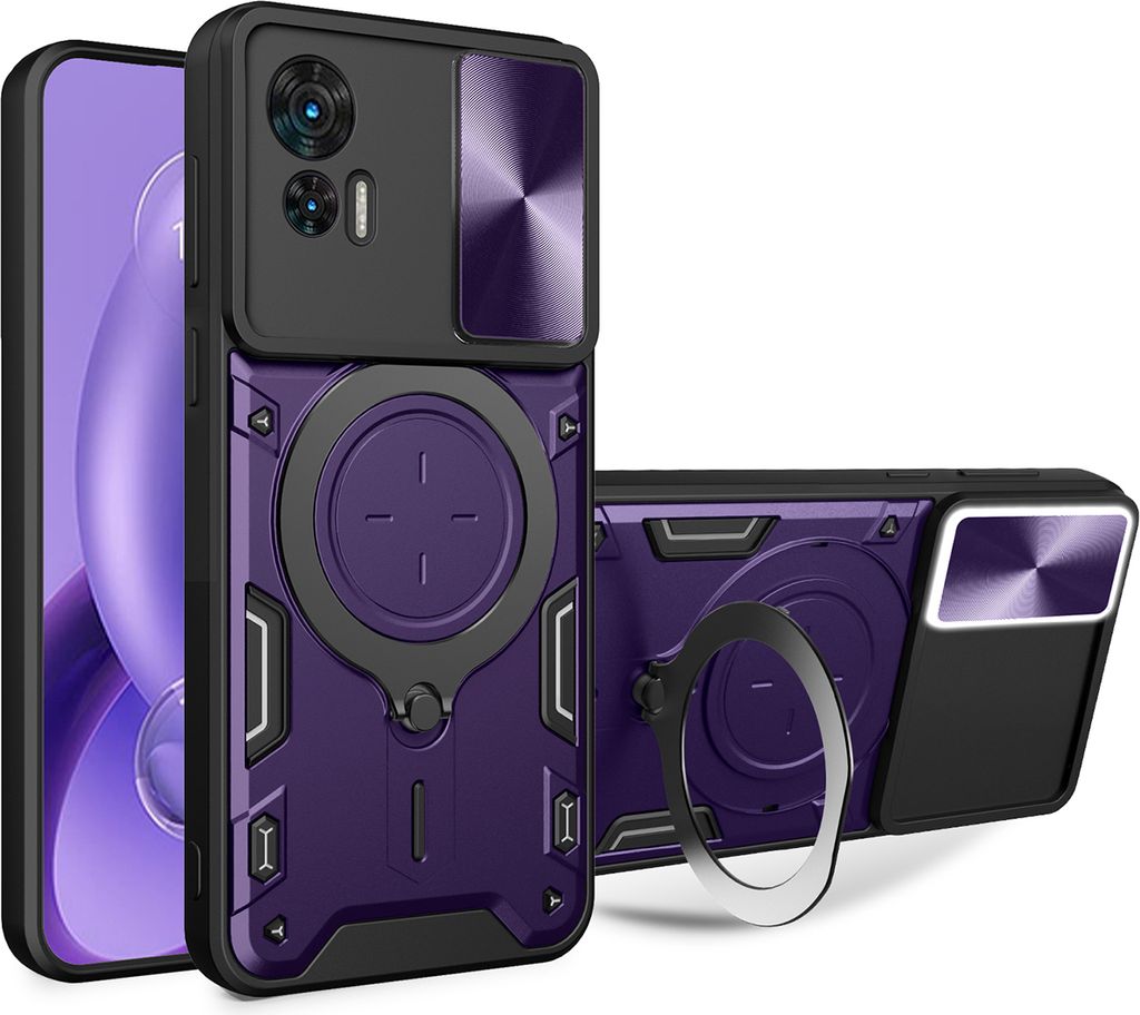 Handyhülle für Motorola Edge 30 Neo Dual-Layer Stoßfest Rüstung Hülle mit Dia Kameraschutz und Kreisförmig Ring Ständer Lila