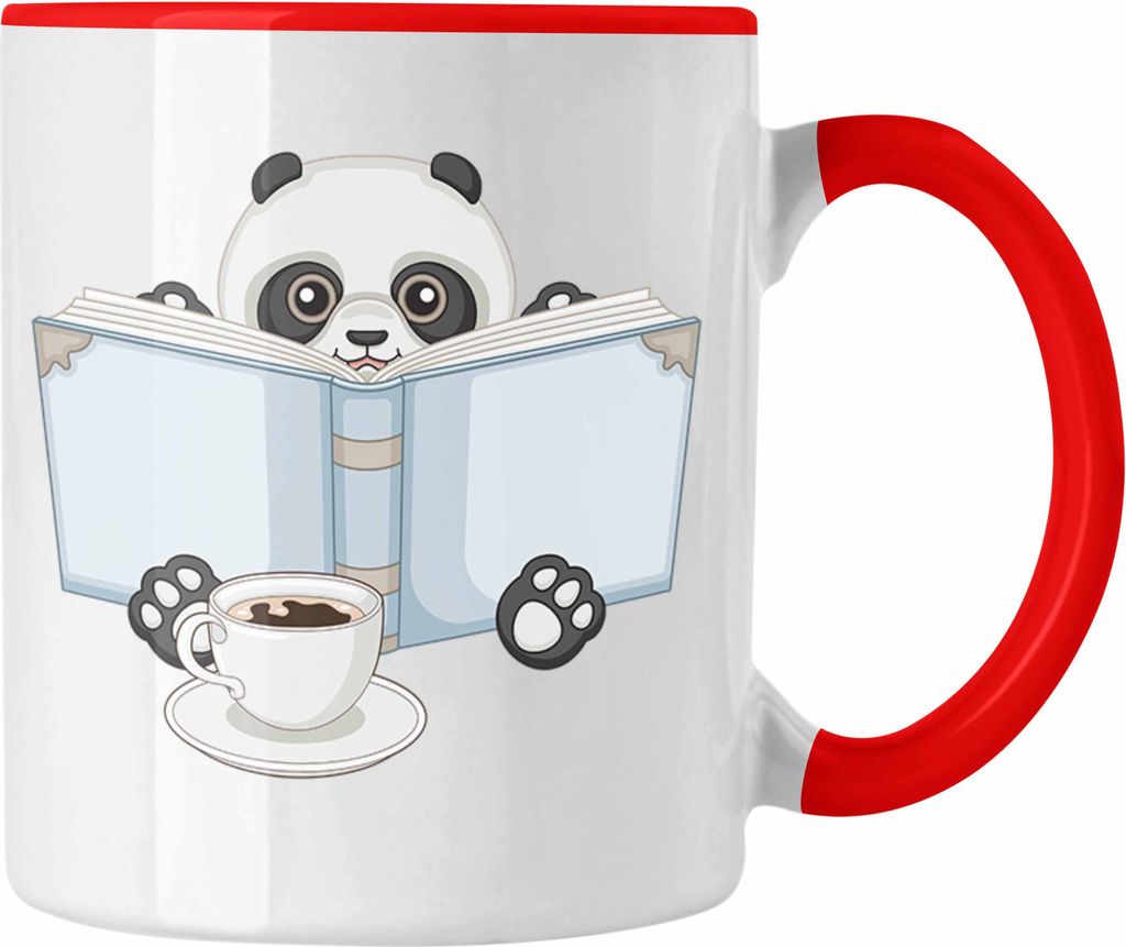 Trendation - Leseratte Tasse Geschenk Lesender Panda Grafik Lesen Geschenkidee Kinder Bücherwurm (Rot)