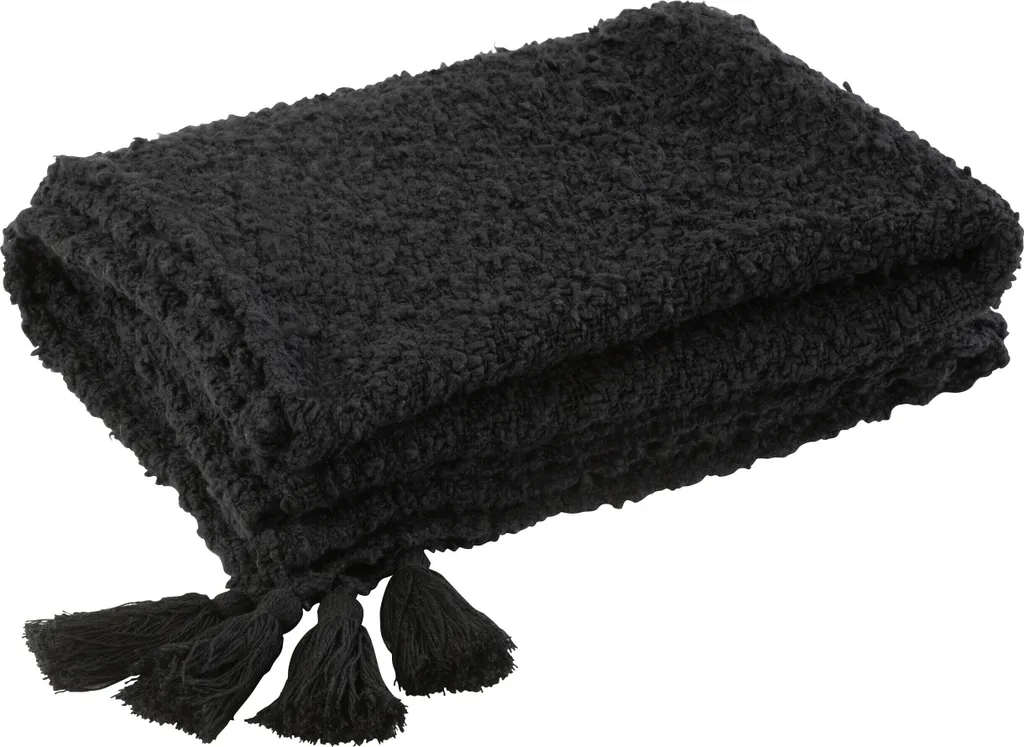 J-Line Plaid à Glands en Coton Noir 180x130x1cm - Couverture de Qualité