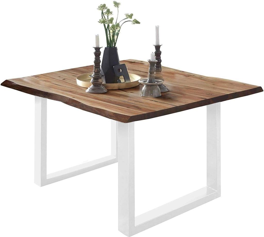 Esszimmertisch 90x90 cm ULM, Baumkantentisch naturfarben, Akazienholz massiv, U-Gestell aus Metall weiß