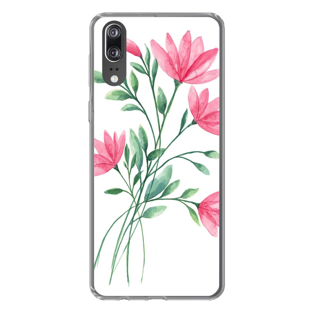MuchoWow Handyhülle Schutzhülle Hülle für Huawei P20 Blumen - Aquarell - Rosa Silikon Softcase Handy Hülle - Hardcover