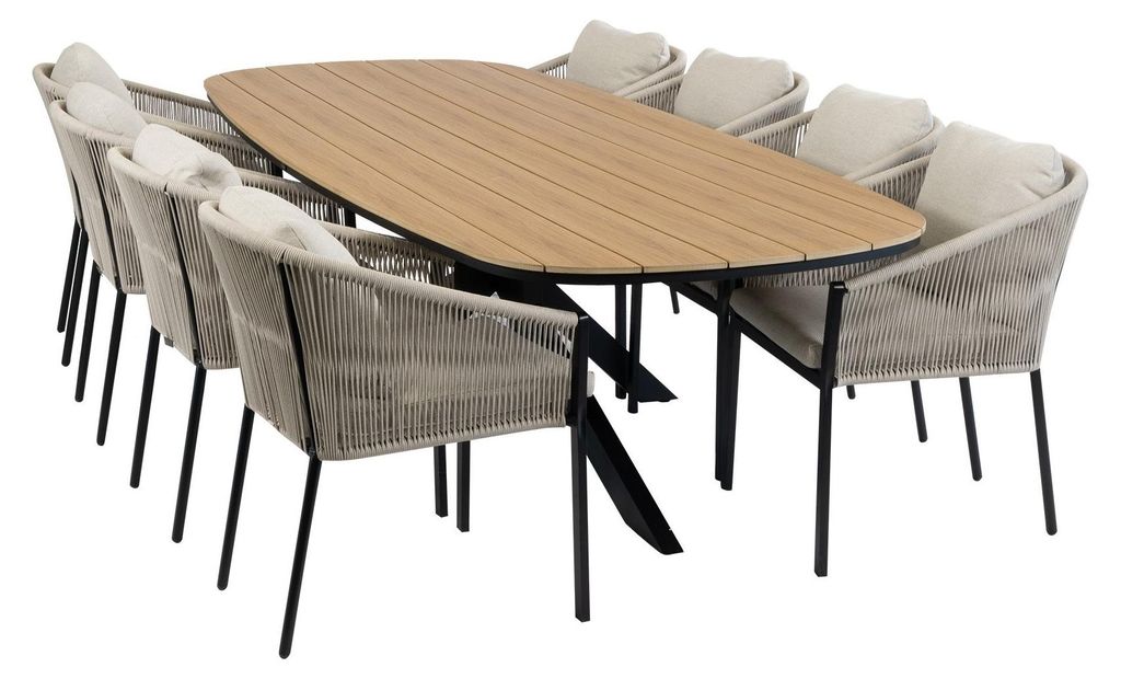 9-teiliges Garten-Set | 8 Elvira Gartenstühle | Gartentisch Cadiz 280 x 115 cm | Schwarz