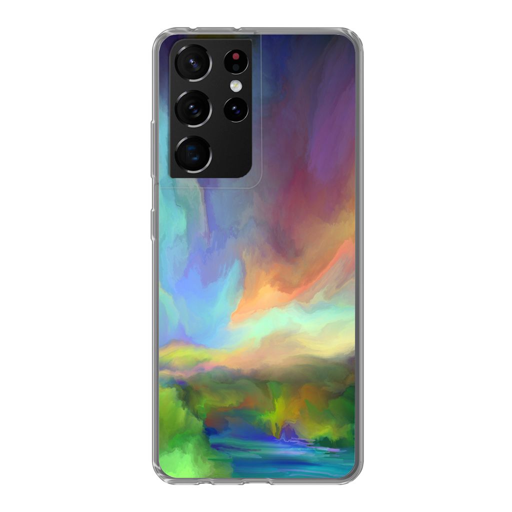 MuchoWow Handyhülle Schutzhülle Hülle für Samsung Galaxy S21 Ultra Landschaft - Aquarell - Himmel Silikon Softcase Handy Hülle - Mobiltelefon