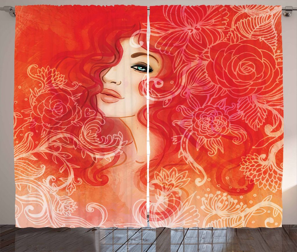 ABAKUHAUS Mode Rustikaler Vorhang, Dame Hair Blumenverzierung, Wohnzimmer Universalband Gardinen mit Schlaufen und Haken, 280 x 175 cm, Orange Crem...