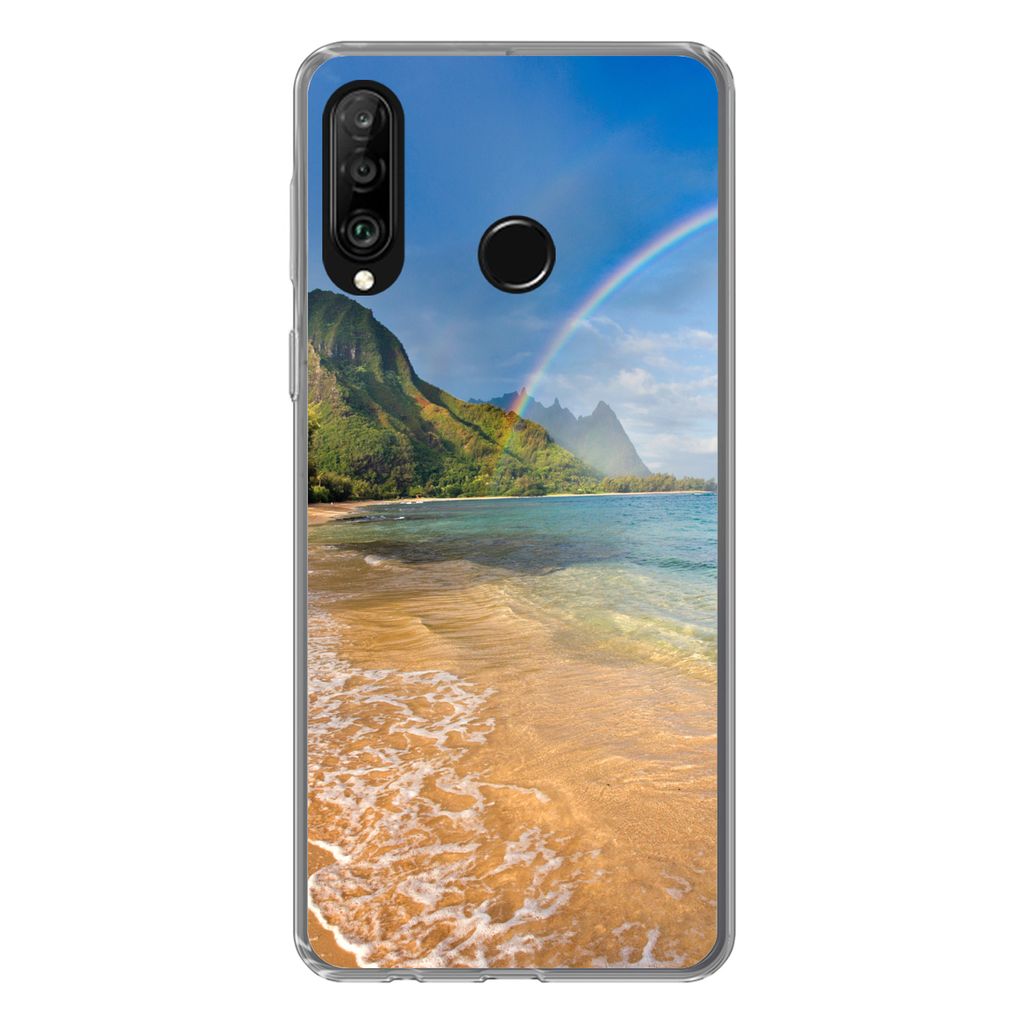 MuchoWow Handyhülle Schutzhülle Hülle für Huawei P30 Lite Ein schöner Regenbogen am Tunnels Beach in Hawaii Silikon Softcase Handy Hülle - ...