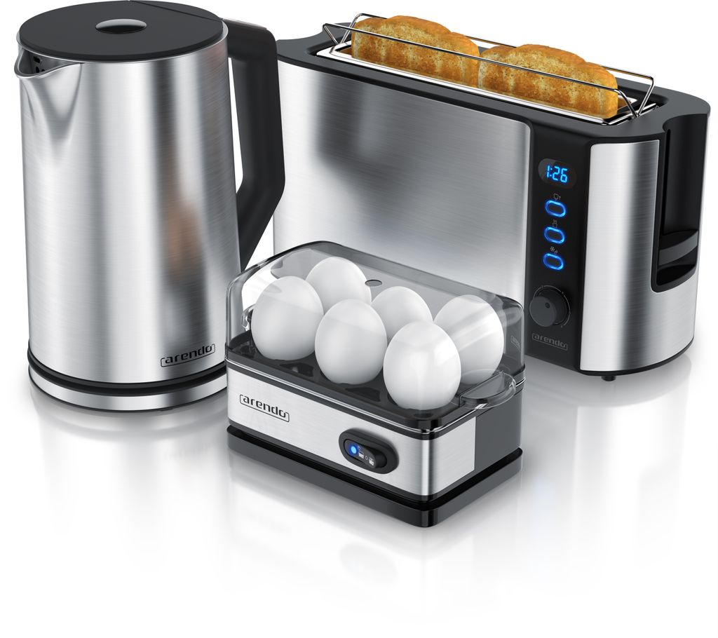Arendo Frühstücksset 3-teilig, 2-Scheiben Toaster, 6er Eierkocher, Wasserkocher 1,5L, Silber