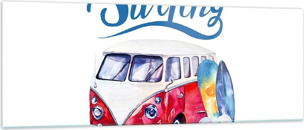 Bilder auf glas - Aquarell Surfbrett Palme Bäume - 140x50cm - Glasbilder - Wandbilder - Kunstdruck - zum Aufhängen bereit - Wanddekoration aus Gl...