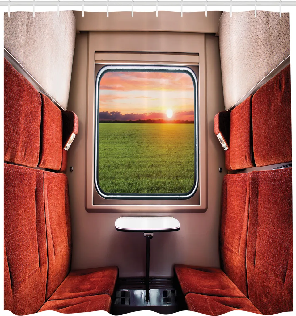 ABAKUHAUS Tenda da doccia naturale, freschezza naturale Impostazione Da Treno Finestra Destinazione Viaggio, tessuto Set decorativo per bagno con ganci, 175x200 cm, crema verde rosso