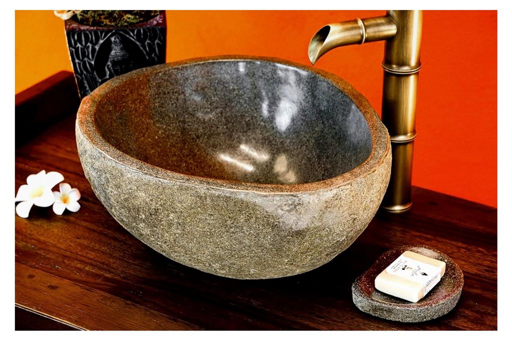 Waschbecken aus Naturstein, handgefertigtes Flussstein Aufsatzwaschbecken (20cm)