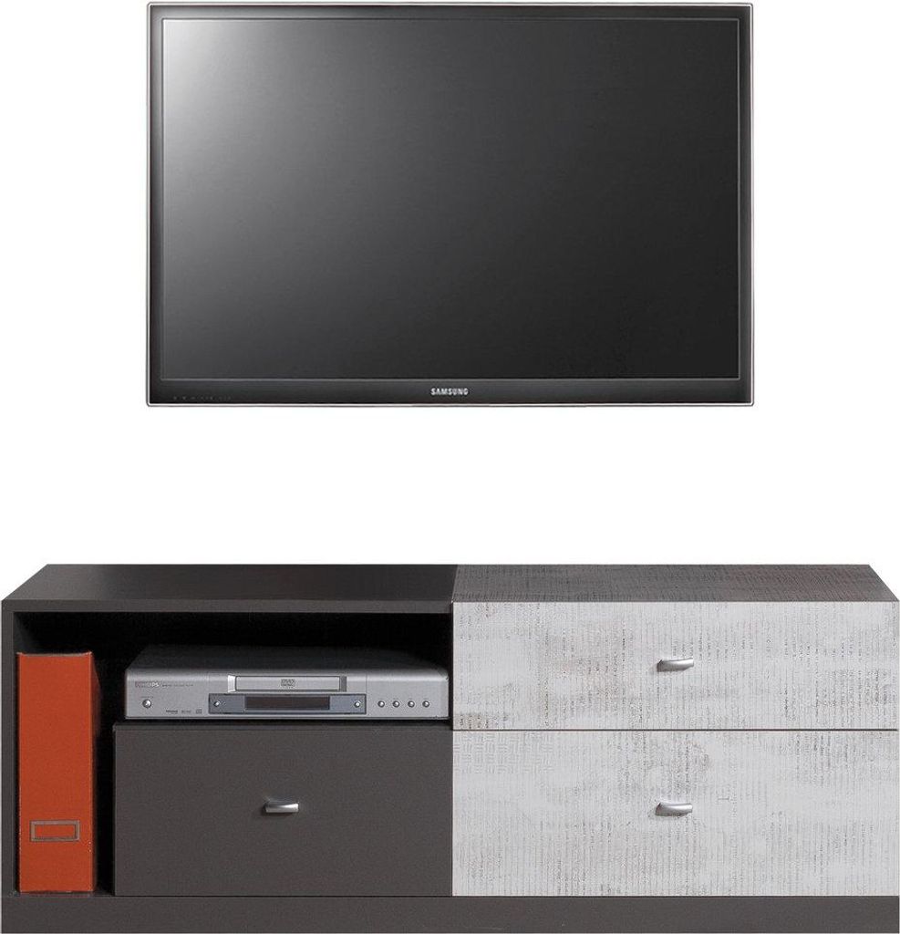 Masseno TV-Schrank FIUME 120 cm Fernsehschrank mit 3 Schubladen und Türen TV-Lowboard für Wohnzimmer Modern 120x50x45 cm Graphitfarben / Hellgrau