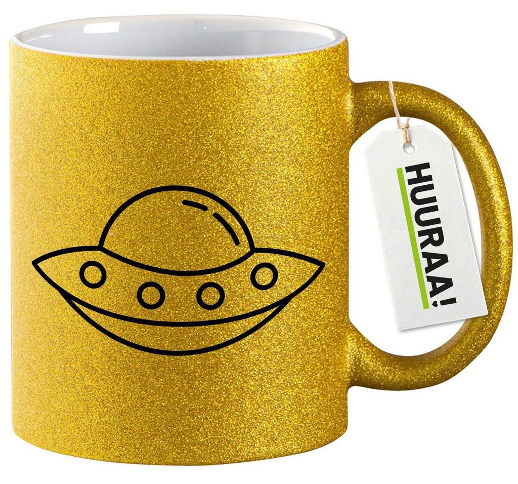 Huuraa Glitzertasse Raumschiff UFO 330ml Gold Keramik Kaffeebecher Geschenkidee