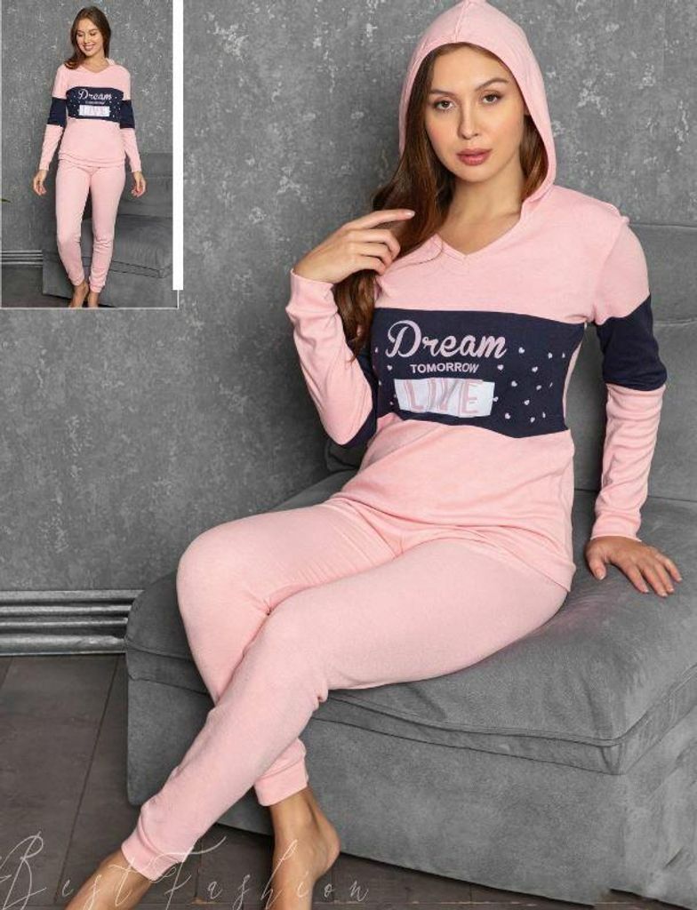 Damen Pyjama mit Kapuze Schlafanzug Lachsfarbe XL Lang Produktbild 