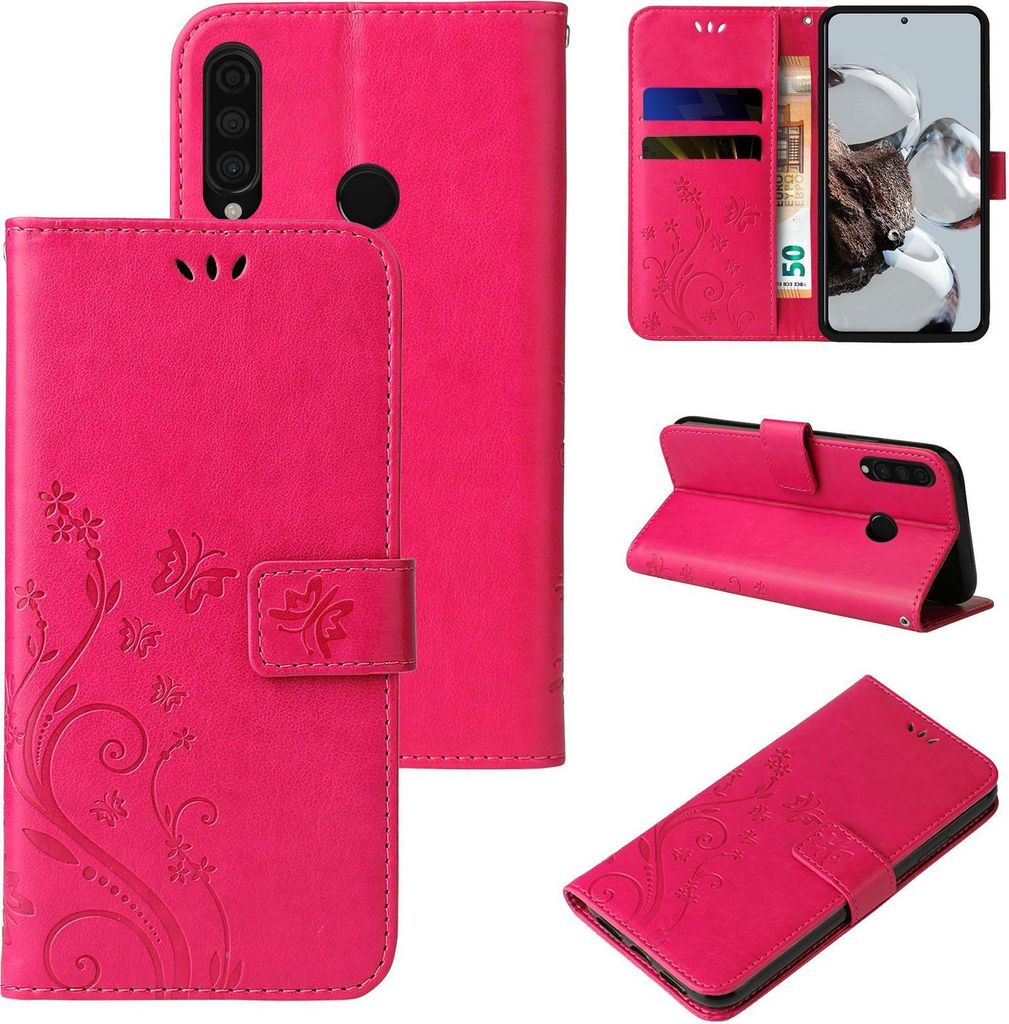 Handyhülle für Huawei P30 Lite Floral Blumen Schmetterling Flip Cover Hülle Case Klapphülle Handytasche Farbe: Pink