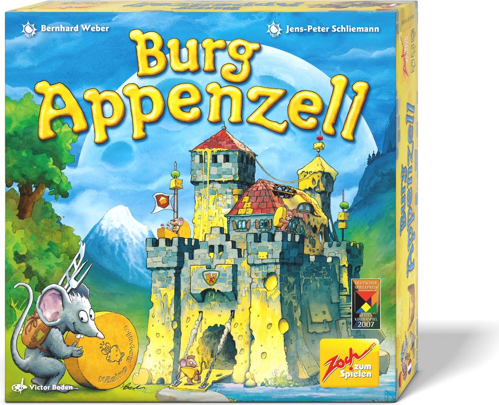 The image shows the front of a board game box with a castle illustration.