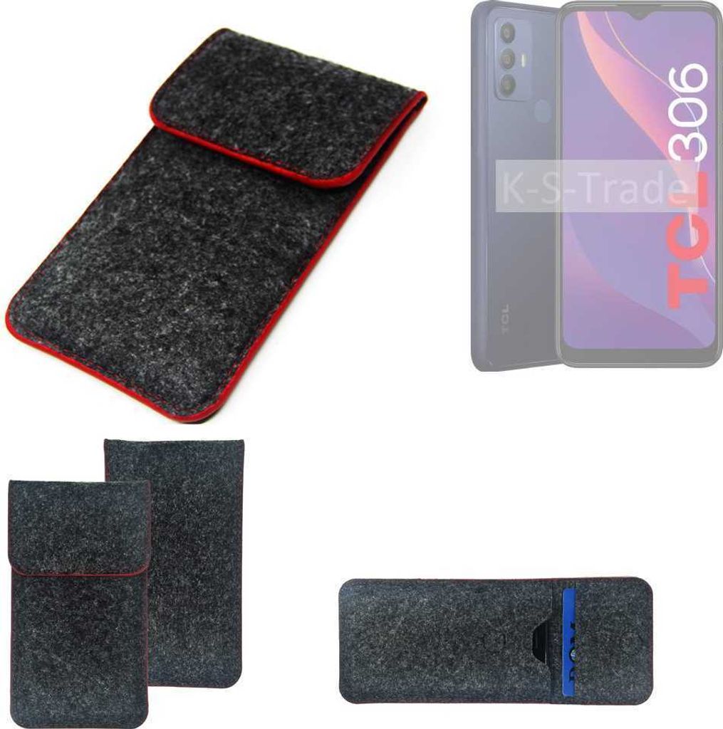 K-S-Trade Handy Schutz Hülle kompatibel mit TCL 306 Schutzhülle Handyhülle Filztasche Pouch Tasche Case Sleeve Filzhülle dunkelgrau roter Rand