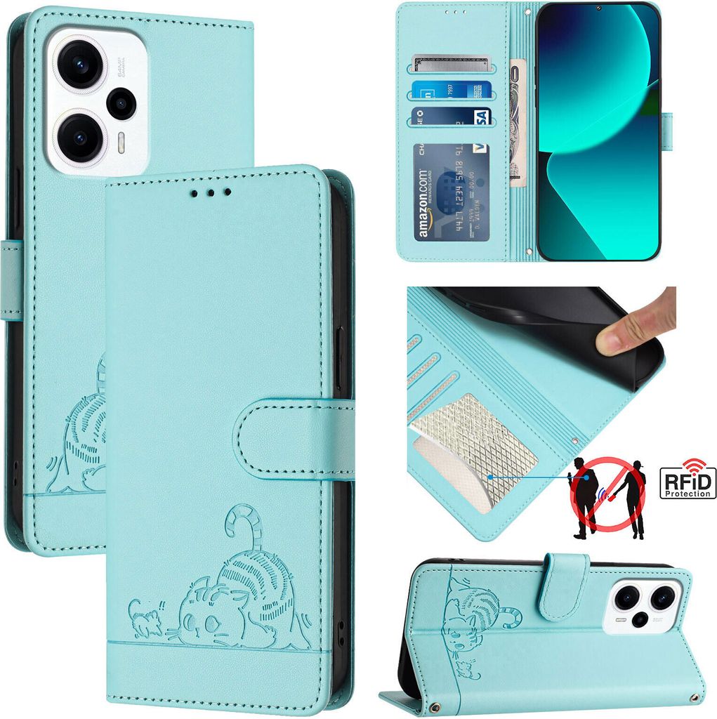 Leder Hülle für Xiaomi Poco X4 GT Süße Katze Flip Case Brieftasche Schutzhülle mit Standfunktion hellgrün
