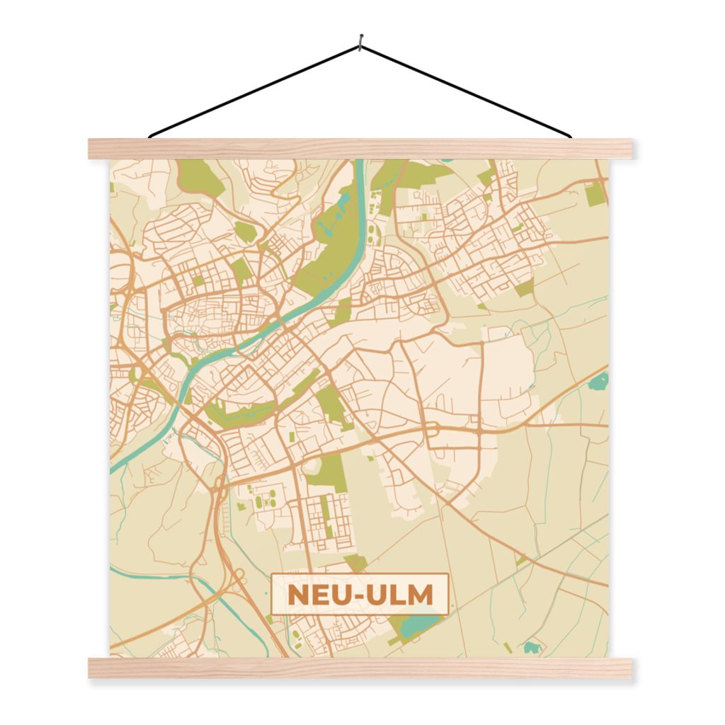 MuchoWow Textilposter Karte - Neu-Ulm - Jahrgang - Karte 60x60 cm mit holzfarbenen Rahmen - Wanddekoration