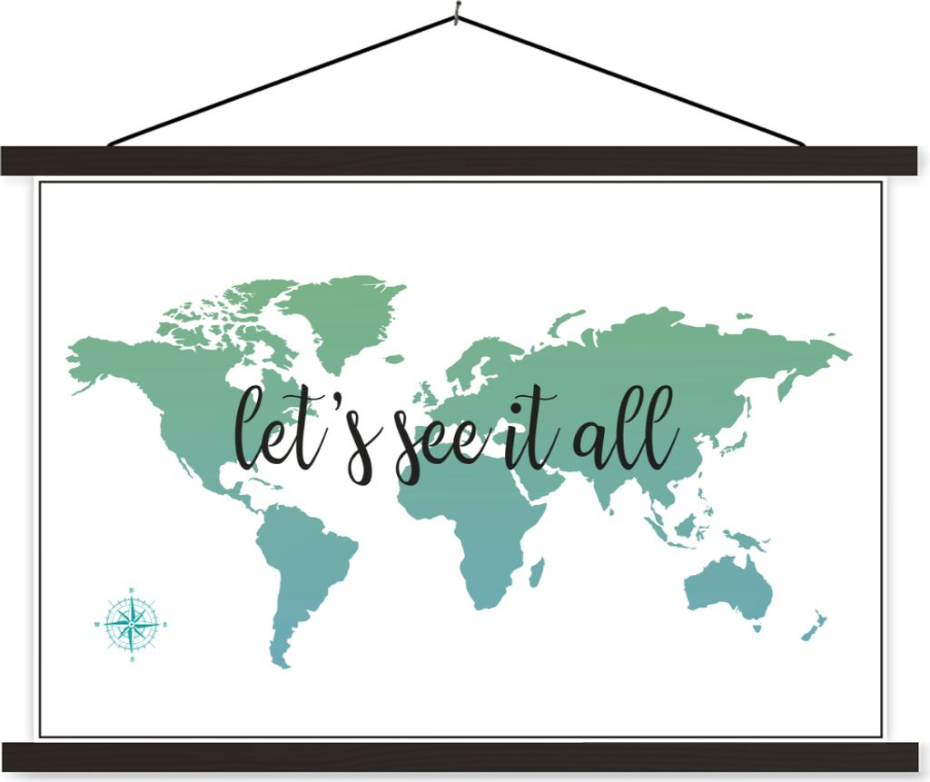 MuchoWow Textilposter Weltkarte - Grün - Zitat - Kinder - Jungen - Mädchen 90x60 cm mit schwarzem Rahmen - Aufhängungssatz