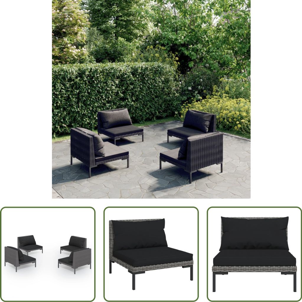 The Living Store 4-tlg. Garten-Lounge-Set mit Kissen Poly Rattan Dunkelgrau