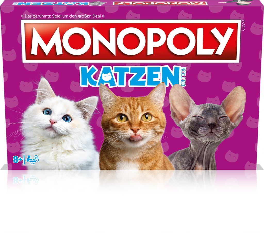 The image shows the front of a Monopoly Katzen board game box, featuring three cats and the game's title.
