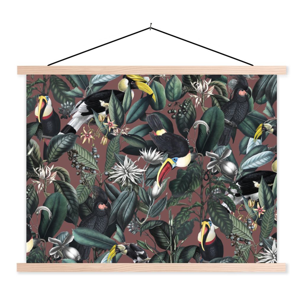MuchoWow Textilposter Blumen - Tukan - Blätter 120x90 cm mit holzfarbenen Rahmen - Magnetisch
