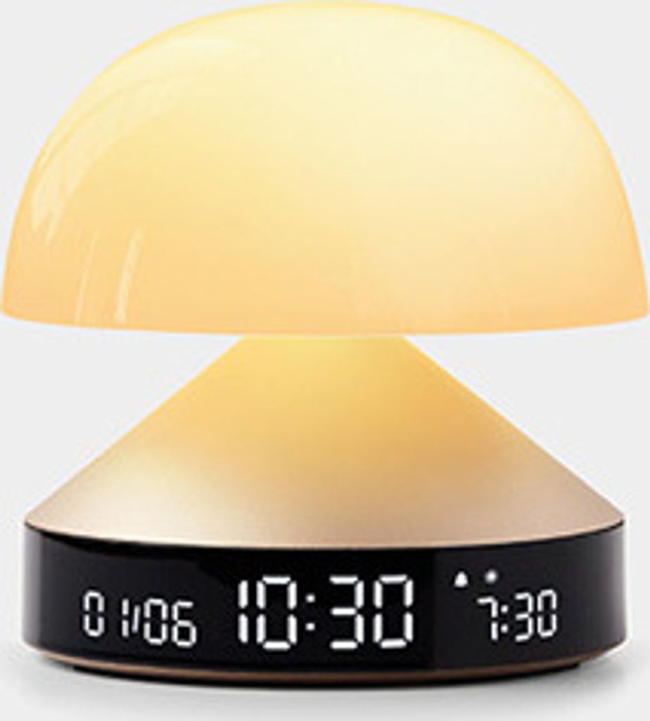 A mushroom-shaped lamp with a digital clock display.