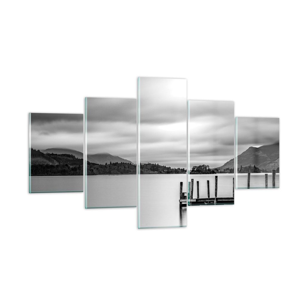 Bilder auf glas - 5 Teile - Schwarzweiß Landschaft See - 125x70cm - Glasbilder - Wandbilder - Bilder - zum Aufhängen bereit - Wanddekoration aus ...