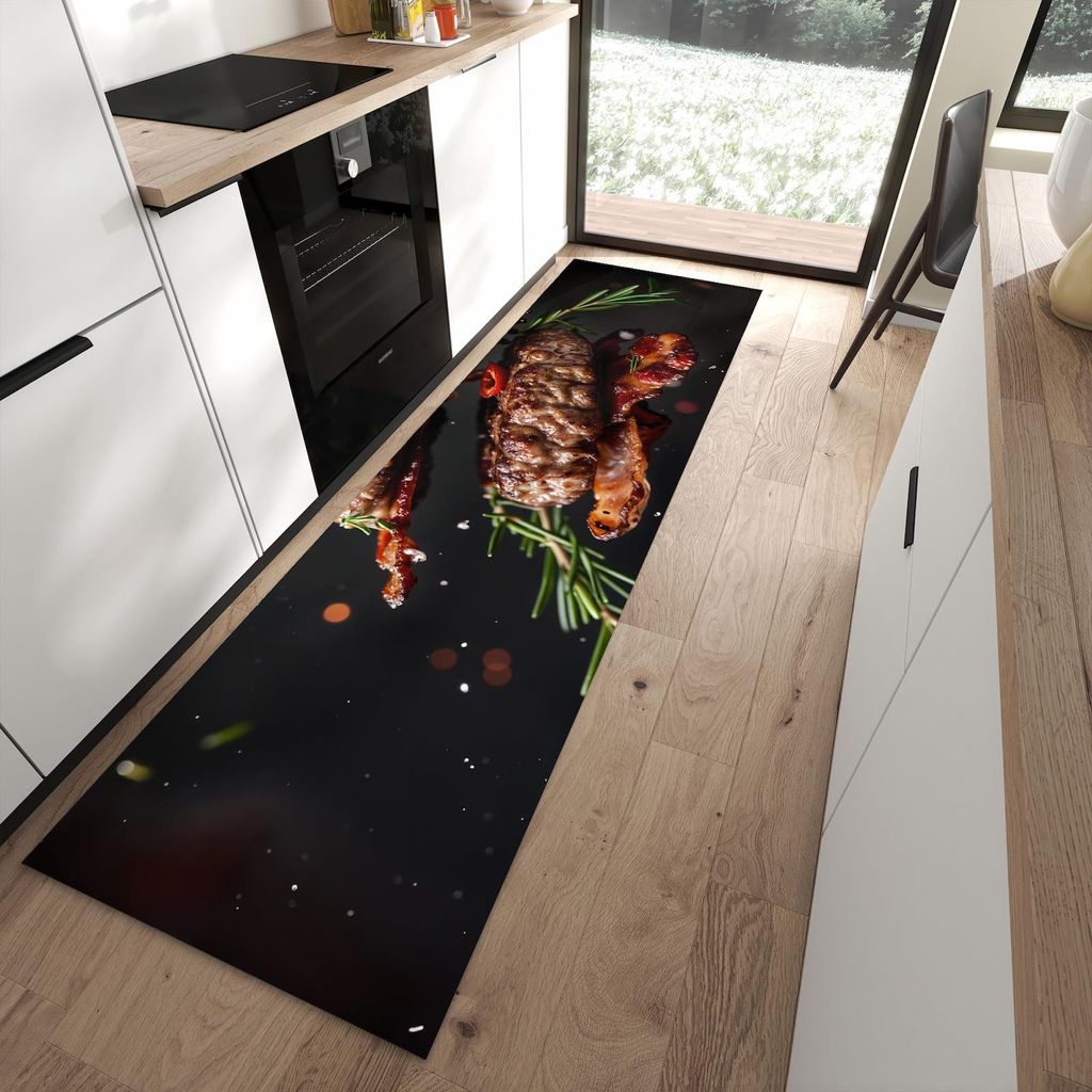Küchenteppich 80x280cm rutschfest & abwischbar PVC Läufer - Burger mit Bacon