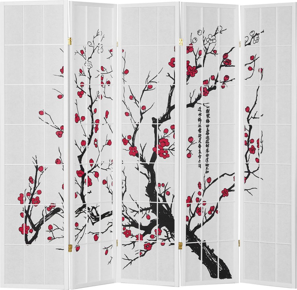 Paravent Séparateur de pièce 5 parties, bois papier de riz Image du produit 